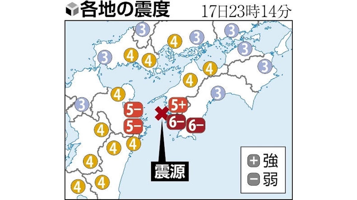 四国で初の震度６弱、降雨による土砂災害などに警戒よびかけ…愛媛・高知・大分で８人けが