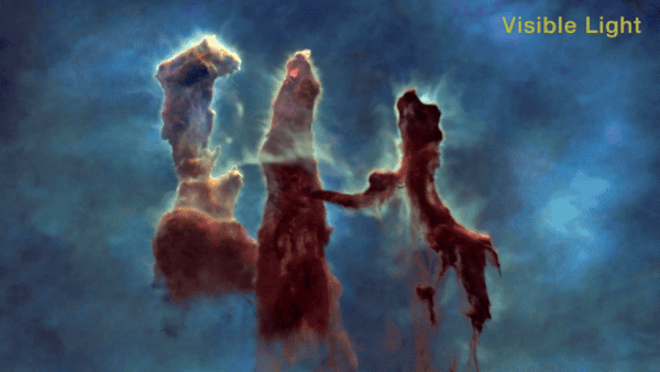 宇宙にそり立つ｢創造の柱｣の3D映像。まるで星雲の中を飛ぶよう